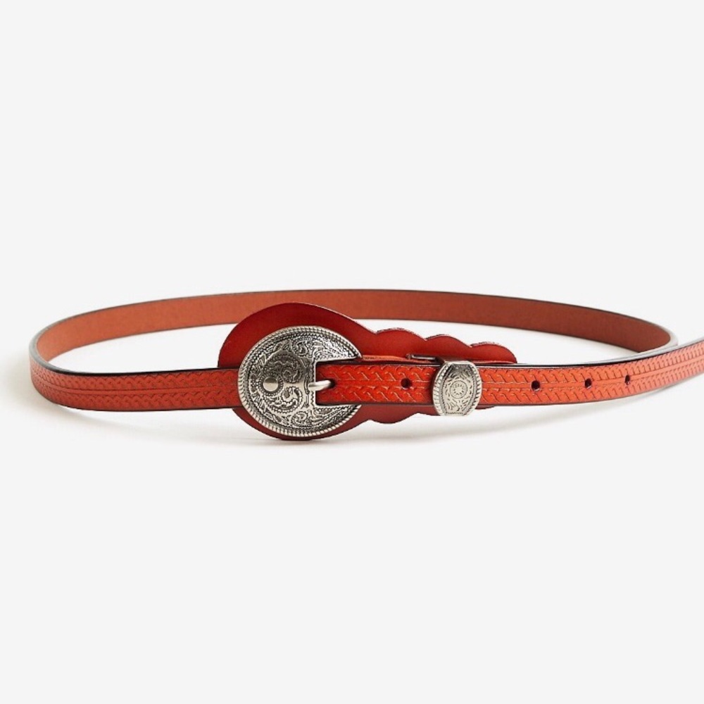 Stylish Red Leather Belt with Intricate Silver Buckle